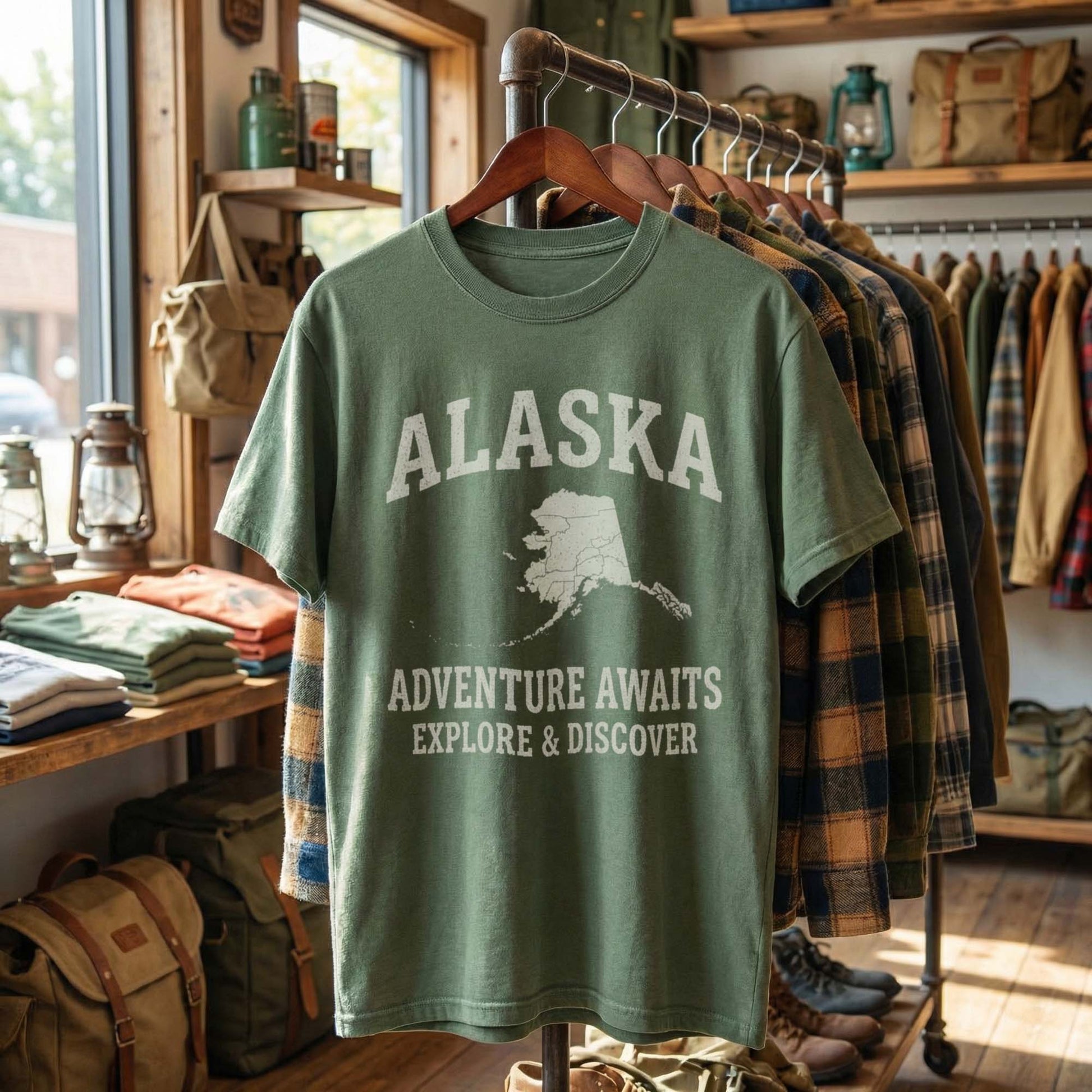 Olive green Alaska graphic t-shirt hanging on a wooden hanger in a cozy, rustic room setting.