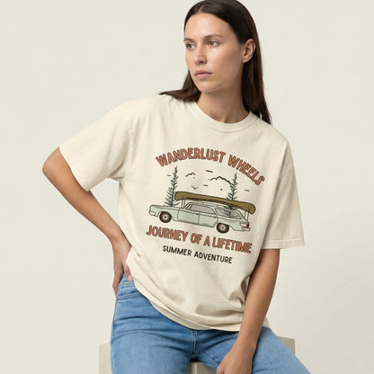 "Back view of Wanderlust Wheels station wagon graphic tee in ivory colorway"
