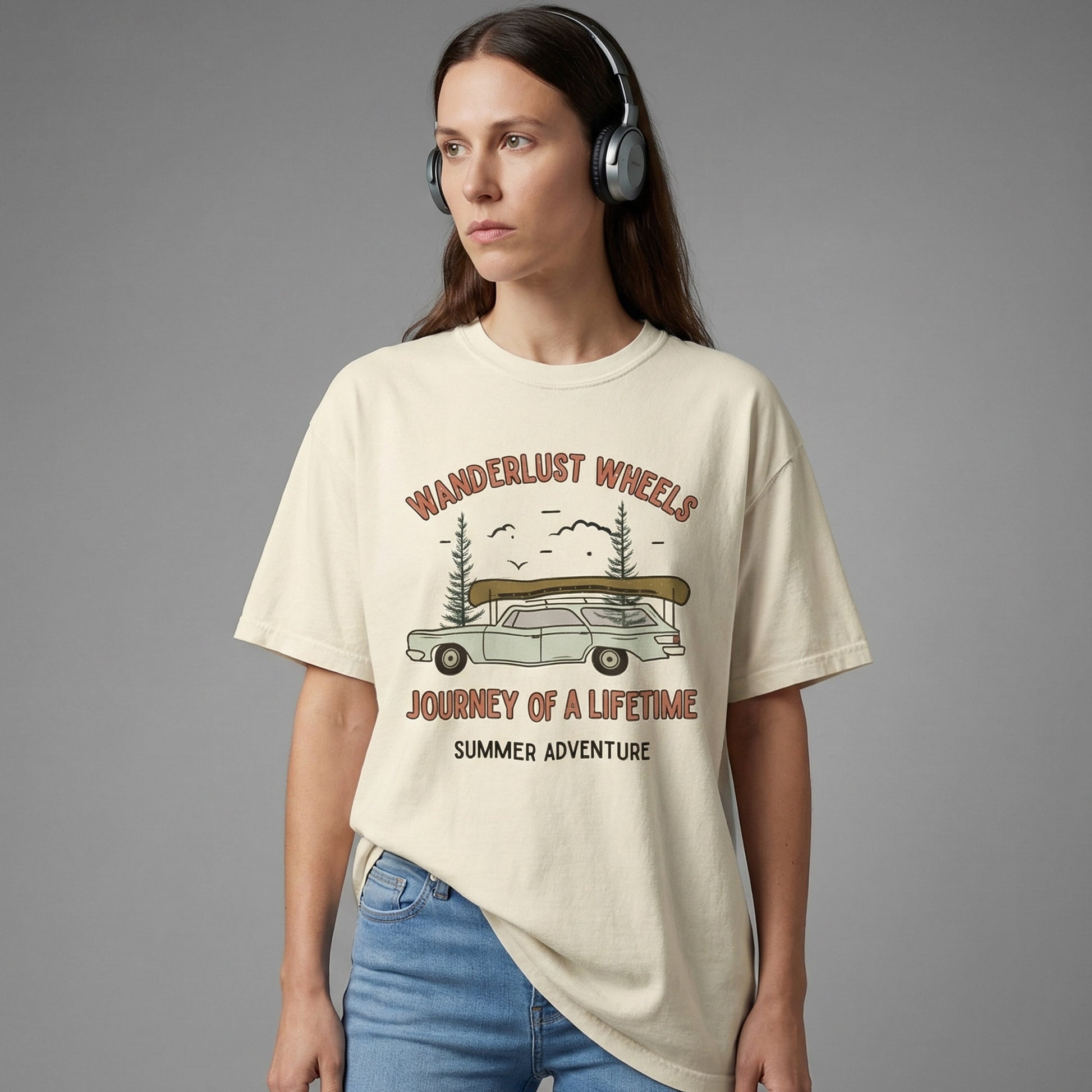 "Wanderlust Wheels premium lifestyle tee featuring retro road trip and outdoor adventure design"
