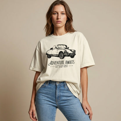 "Ivory Adventure Awaits vintage car graphic tee with minimalist line art convertible design"
