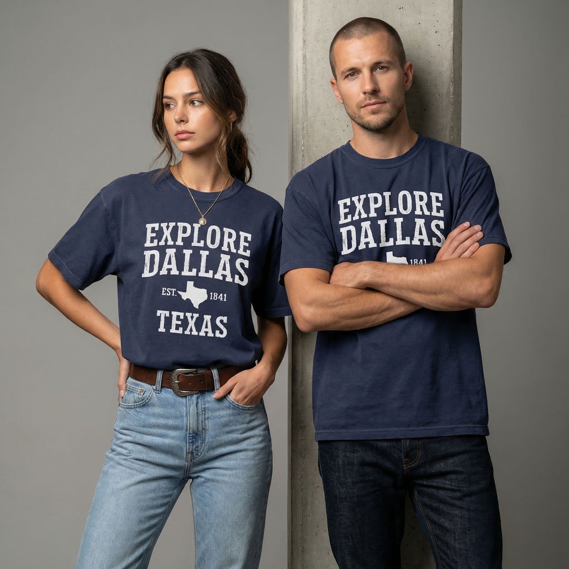 Model wearing Navy Explore Dallas Typography Tee - relaxed fit premium lifestyle tee