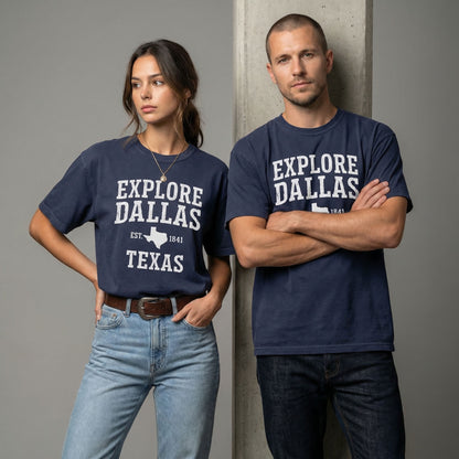 Model wearing Navy Explore Dallas Typography Tee - relaxed fit premium lifestyle tee