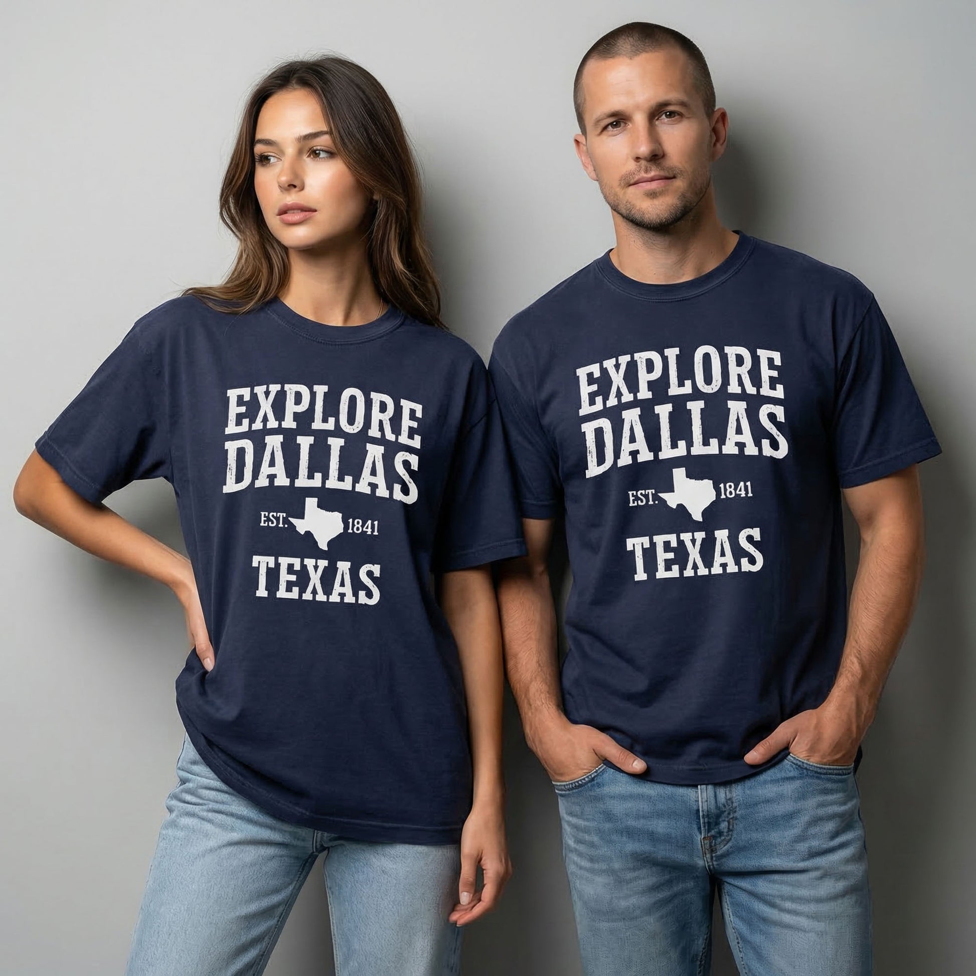 Explore Dallas Typography Tee in Navy - vintage distressed Texas graphic on premium cotton t-shirt