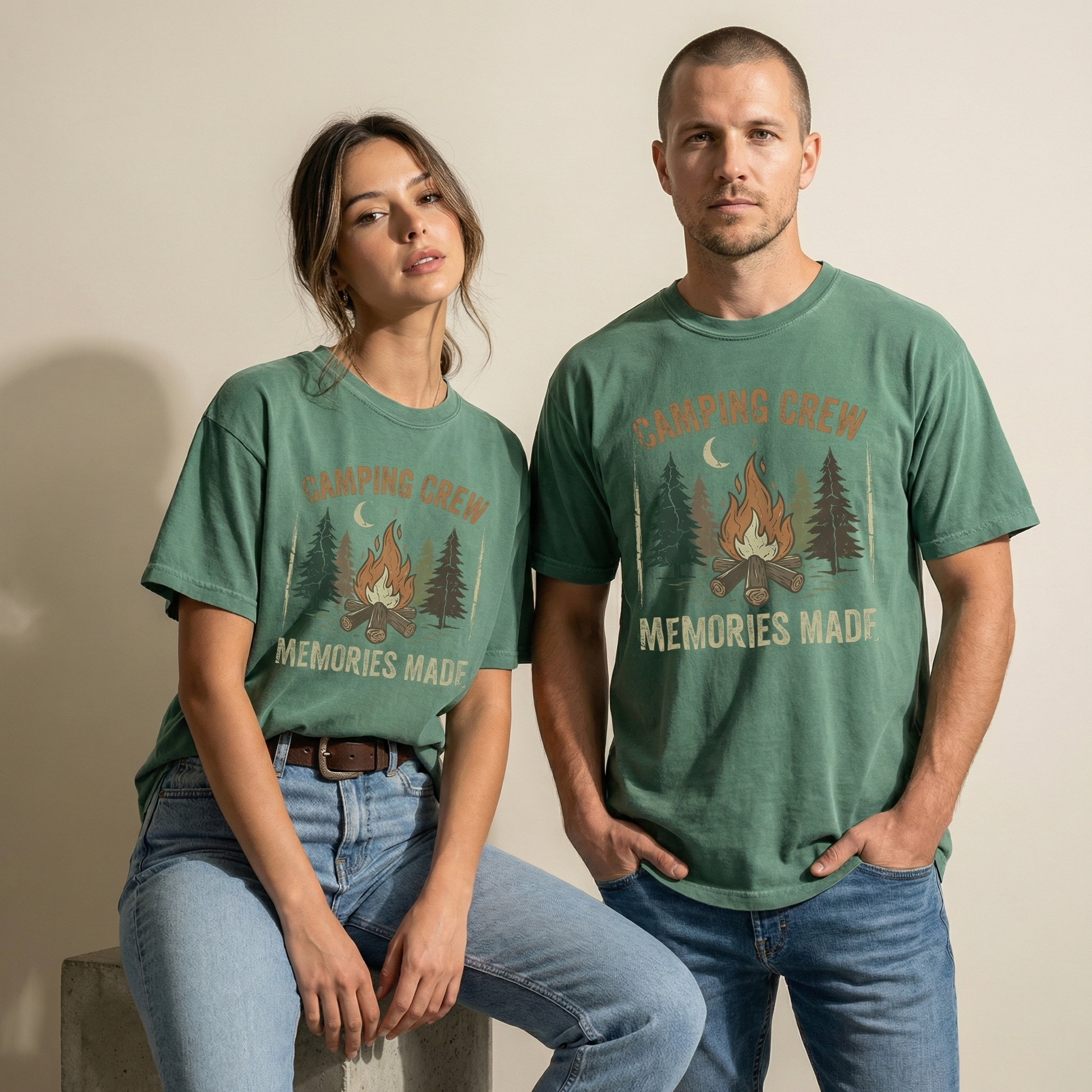 Vintage camping graphic tee with campfire, pine trees, crescent moon, and Camping Crew Memories Made text