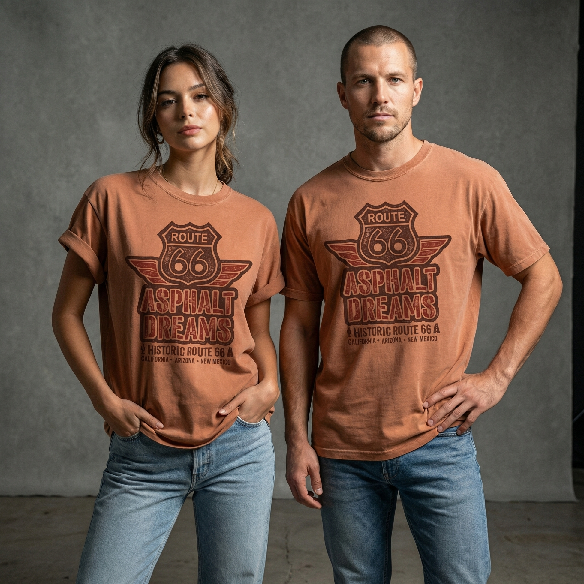 Route 66 Asphalt Dreams vintage graphic t-shirt on yam garment dyed tee