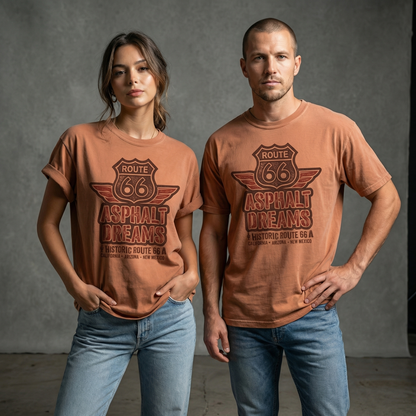 Route 66 Asphalt Dreams vintage graphic t-shirt on yam garment dyed tee