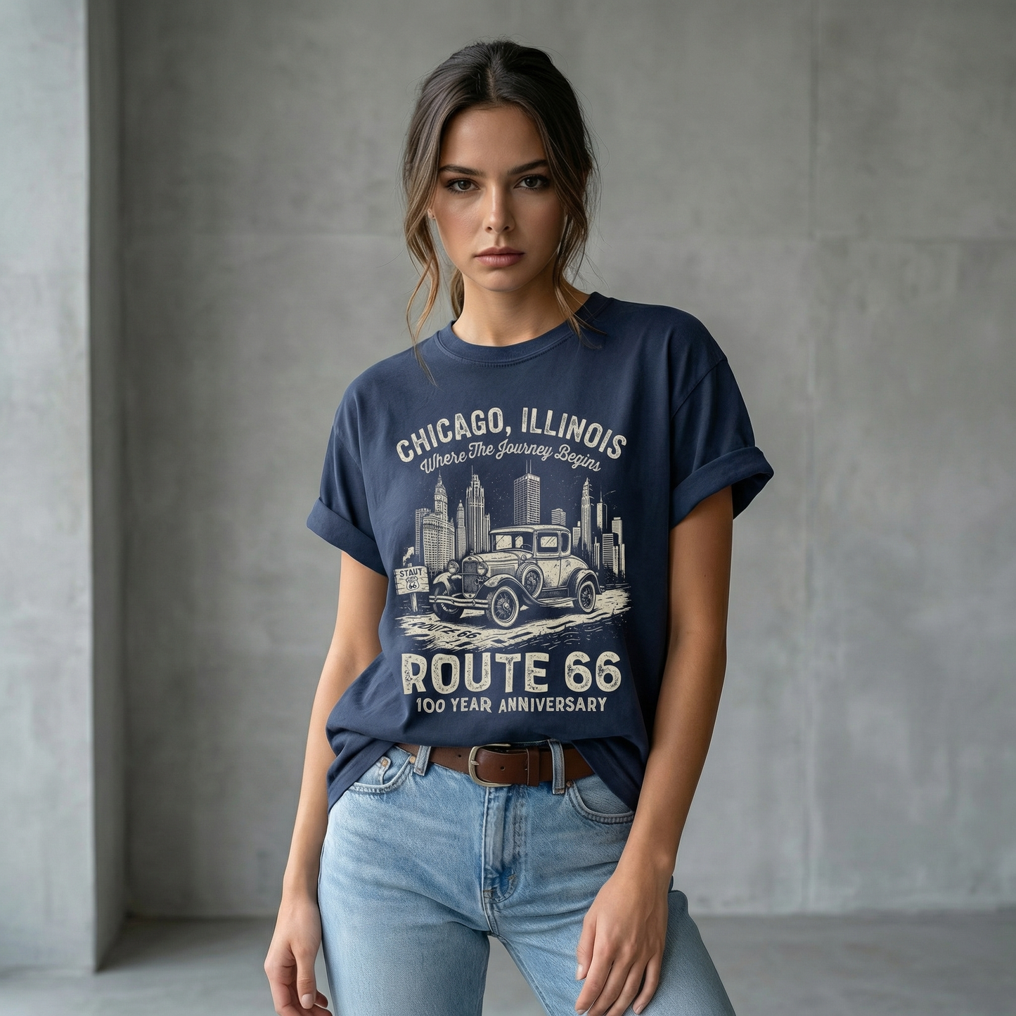 Chicago Route 66 Vintage Car Graphic Tee – 100 Year Anniversary Shirt