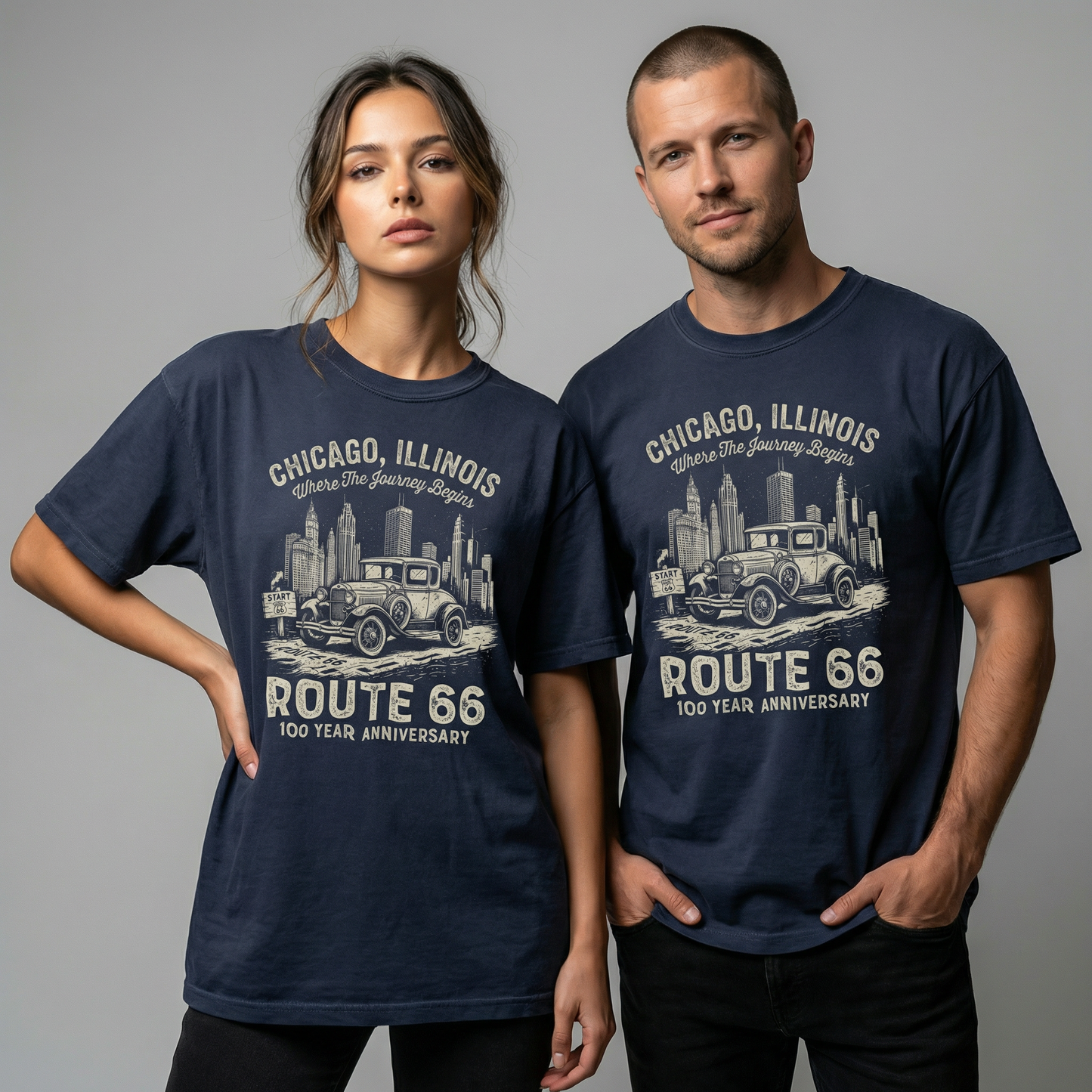 Chicago Route 66 Vintage Car Graphic Tee – 100 Year Anniversary Shirt