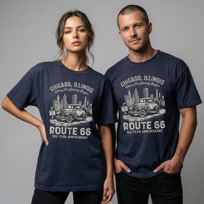 Chicago Route 66 Vintage Car Graphic Tee – 100 Year Anniversary Shirt