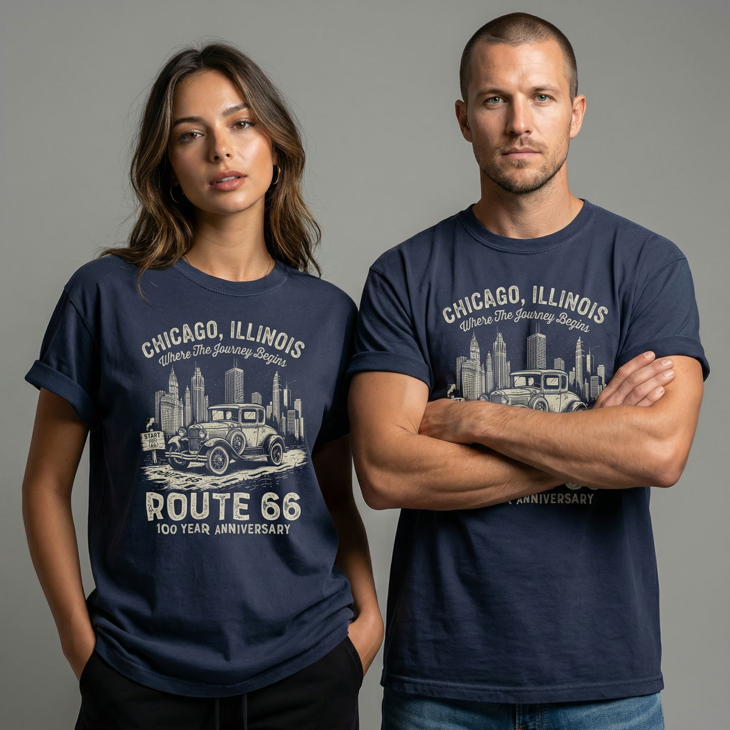 Chicago Route 66 Vintage Car Graphic Tee – 100 Year Anniversary Shirt