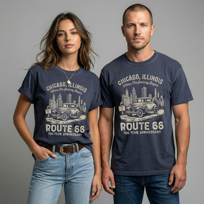 Chicago Route 66 Vintage Car Graphic Tee – 100 Year Anniversary Shirt