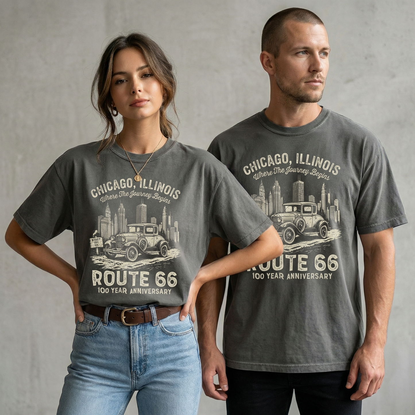 Chicago Route 66 Vintage Car Graphic Tee – 100 Year Anniversary Shirt