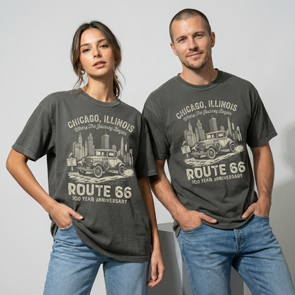 Chicago Route 66 Vintage Car Graphic Tee – 100 Year Anniversary Shirt