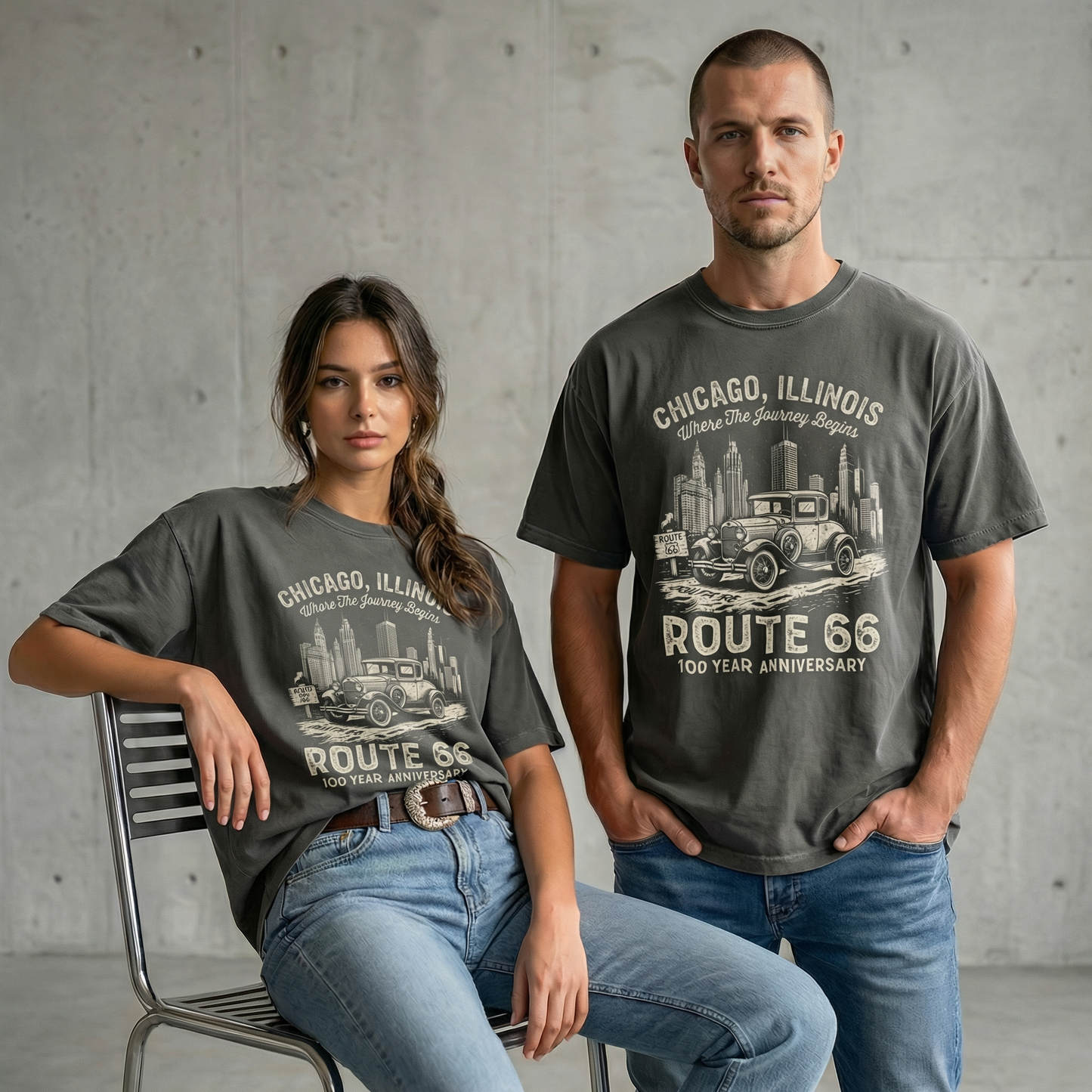Chicago Route 66 Vintage Car Graphic Tee – 100 Year Anniversary Shirt