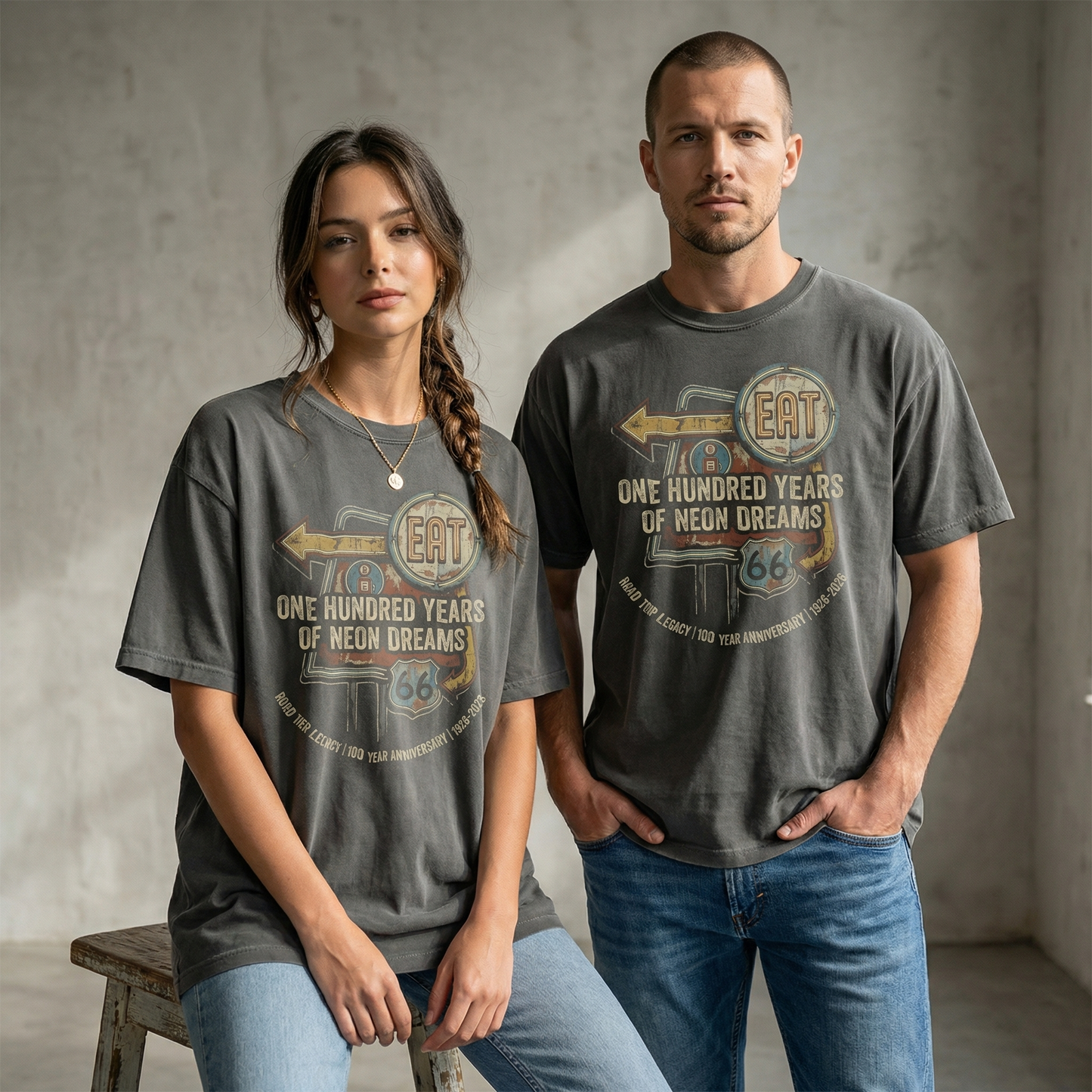 Route 66 neon dreams graphic tee on pepper shirt with vintage diner sign design
