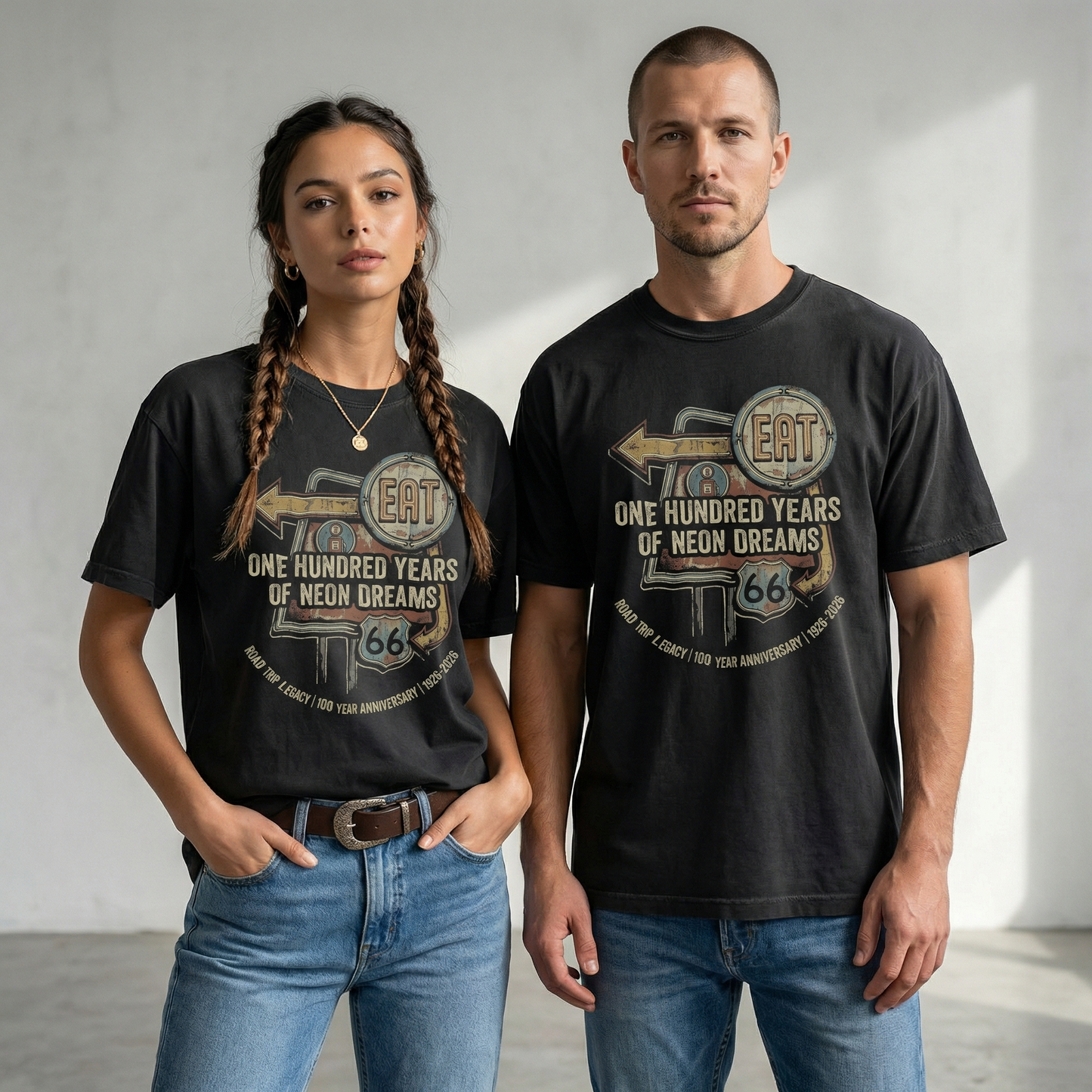 Route 66 100 Year Anniversary Graphic Tee Vintage Neon Sign Shirt