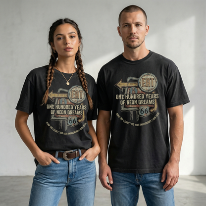 Route 66 100 Year Anniversary Graphic Tee Vintage Neon Sign Shirt