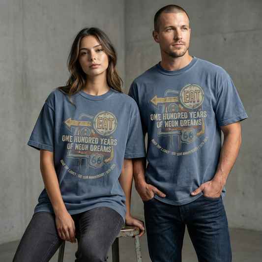 Route 66 100 year anniversary vintage neon sign graphic tee on garment dyed shirt