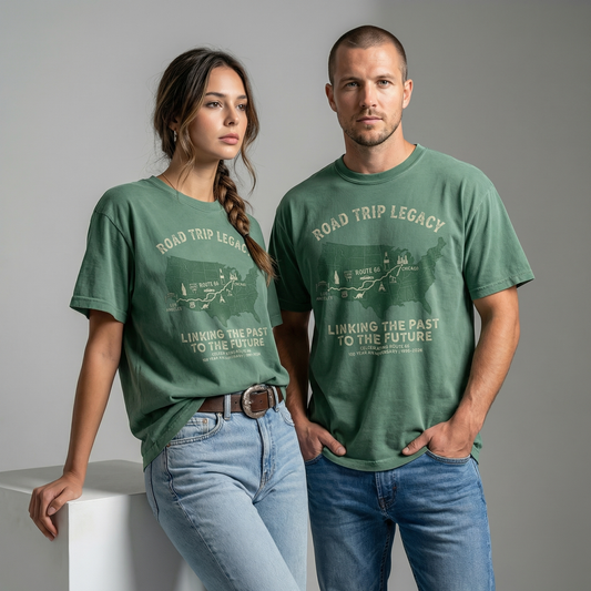 Vintage-inspired Route 66 centennial graphic t-shirt featuring a USA map and road trip theme on a green garment-dyed tee.