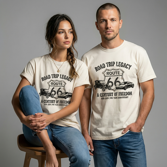 Route 66 road trip legacy graphic tee on ivory shirt with vintage and modern car design