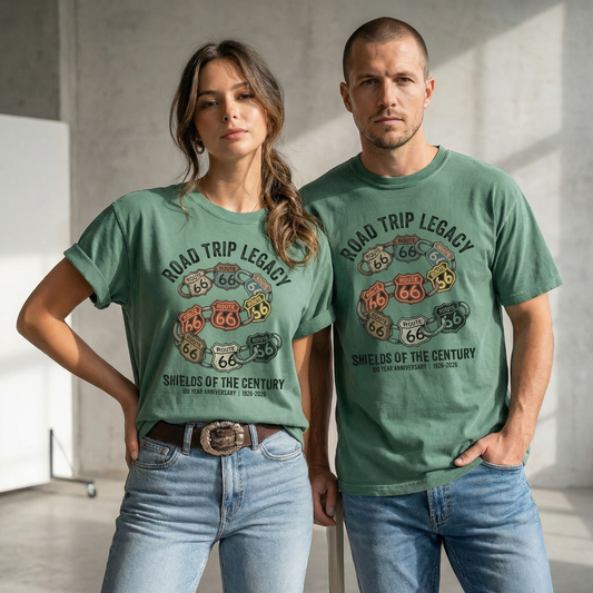 Vintage Route 66 graphic t-shirt featuring a collage of distressed highway shields on a garment-dyed tee.