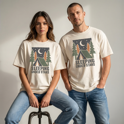 sleeping under stars camping graphic tee with tent moon stars and pine trees on garment dyed shirt being is good