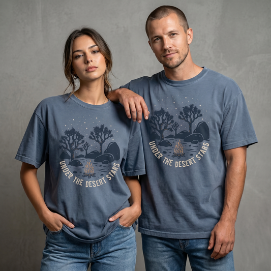 Under the Desert Stars Campfire Tee – Joshua Tree Night Graphic Shirt, Desert Camping T-Shirt