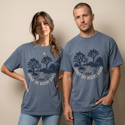 Under the Desert Stars Campfire Tee – Joshua Tree Night Graphic Shirt, Desert Camping T-Shirt