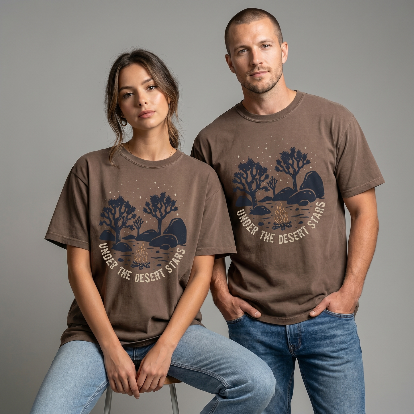 Under the Desert Stars Campfire Tee – Joshua Tree Night Graphic Shirt, Desert Camping T-Shirt
