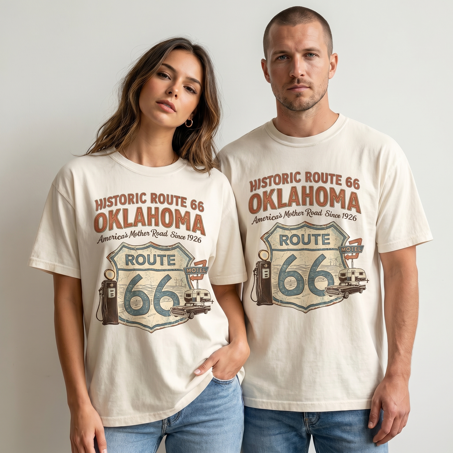 Vintage Route 66 Oklahoma graphic t-shirt featuring a distressed highway shield, retro gas pump, classic car, motel sign, and camper on an ivory tee.