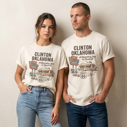 Clinton Oklahoma Route 66 Diner Tee – Vintage Mother Road Road Trip Graphic Shirt