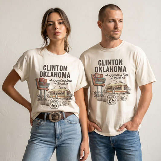 Vintage Clinton Oklahoma Route 66 t-shirt featuring a retro diner, neon sign, desert scene, and highway shield on a garment-dyed tee.