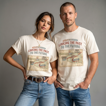 Vintage Route 66 Oklahoma t-shirt featuring “Linking the Past to the Future” with retro map, diner, motel, and gas station illustration on a Comfort Colors tee.