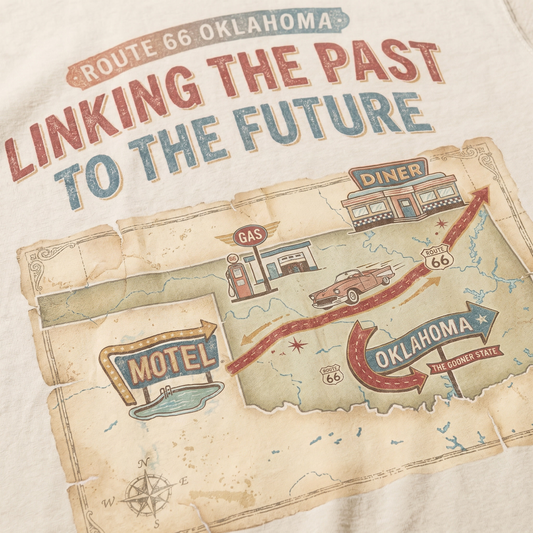 Route 66 Oklahoma Map Tee – Linking the Past to the Future Vintage Road Trip Shirt