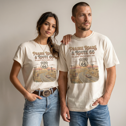 Vintage Route 66 Oklahoma t-shirt featuring prairie road landscape, sunset sky, windmill, gas station, and classic car on Comfort Colors tee.