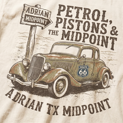 Route 66 Vintage Car Shirt Petrol Pistons Midpoint Adrian Texas Graphic Tee