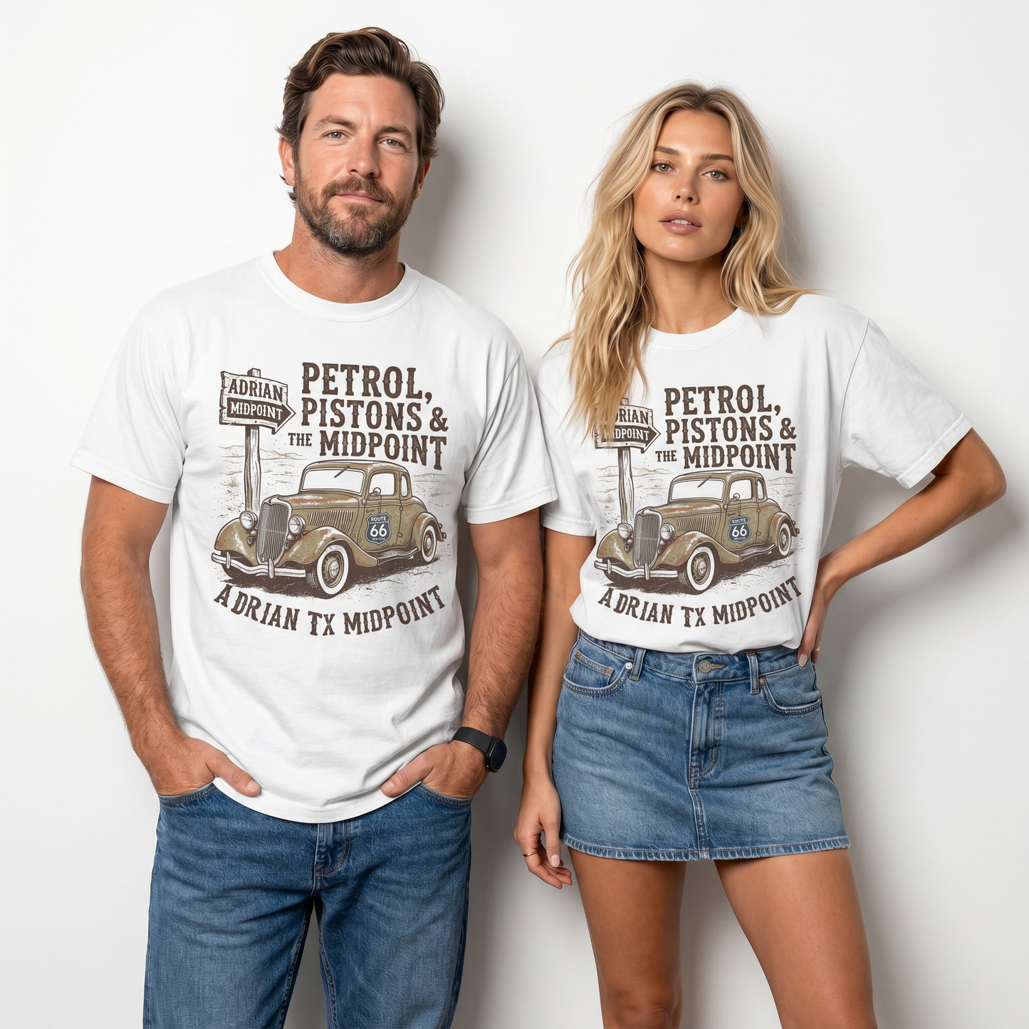 Route 66 Vintage Car Shirt Petrol Pistons Midpoint Adrian Texas Graphic Tee