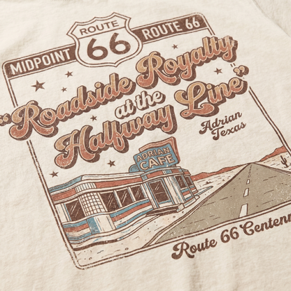 Route 66 Roadside Royalty Shirt Adrian TX Midpoint Vintage Travel Graphic Tee