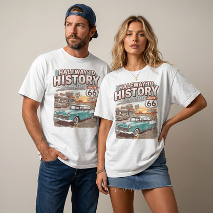 Route 66 Halfway to History Shirt Adrian Texas Vintage Car Road Trip Graphic Tee