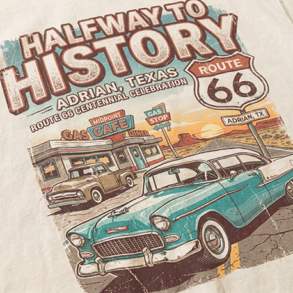 Route 66 Halfway to History Shirt Adrian Texas Vintage Car Road Trip Graphic Tee
