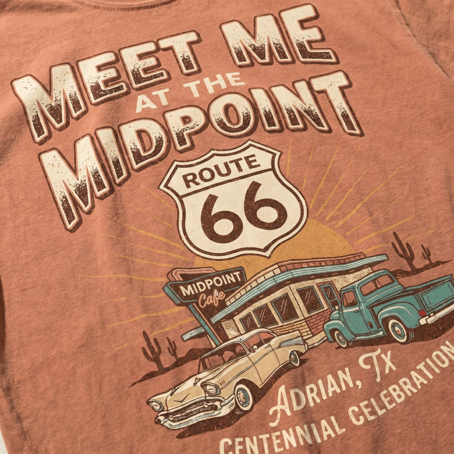 Route 66 Meet Me at the Midpoint Shirt Adrian Texas Vintage Road Trip Graphic Tee