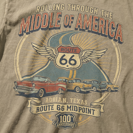 Route 66 Middle of America Shirt Adrian Texas Vintage Road Trip Graphic Tee