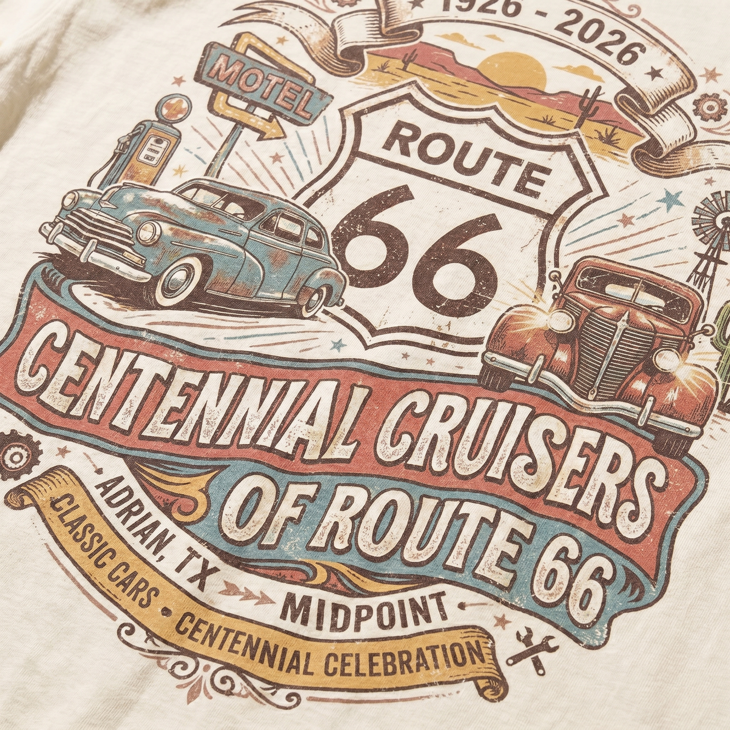 Route 66 Centennial Cruisers Shirt 1926 2026 Adrian Texas Vintage Car Graphic Tee
