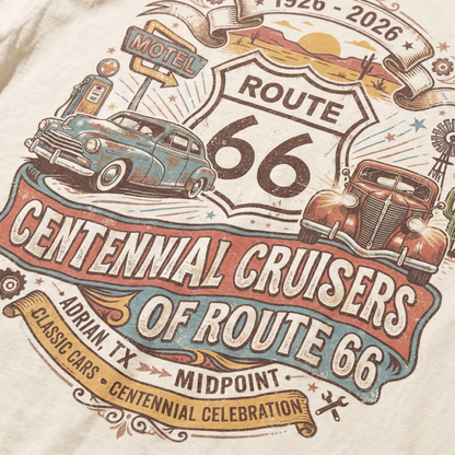 Route 66 Centennial Cruisers Shirt 1926 2026 Adrian Texas Vintage Car Graphic Tee