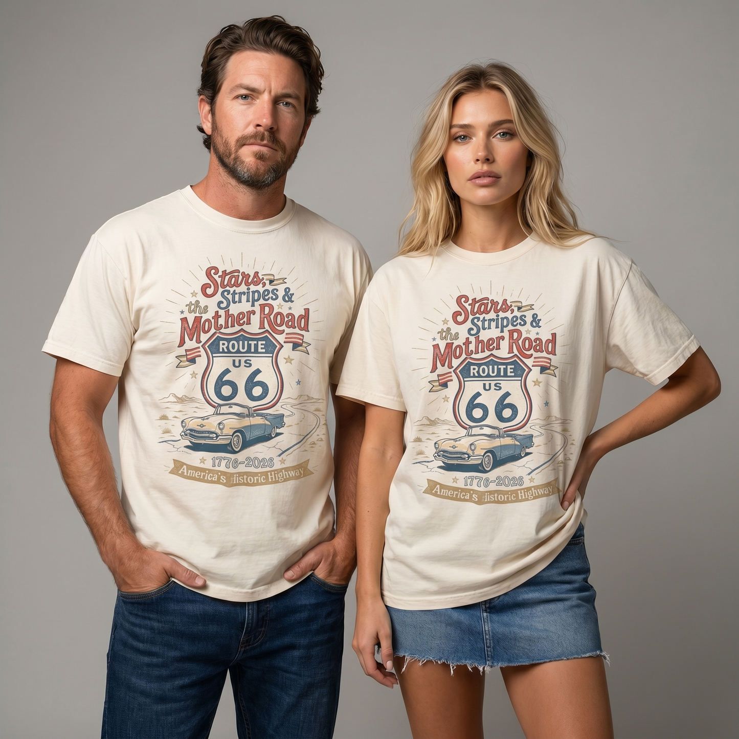 Stars Stripes and the Mother Road Route 66 1776 2026 Patriotic Graphic Tee