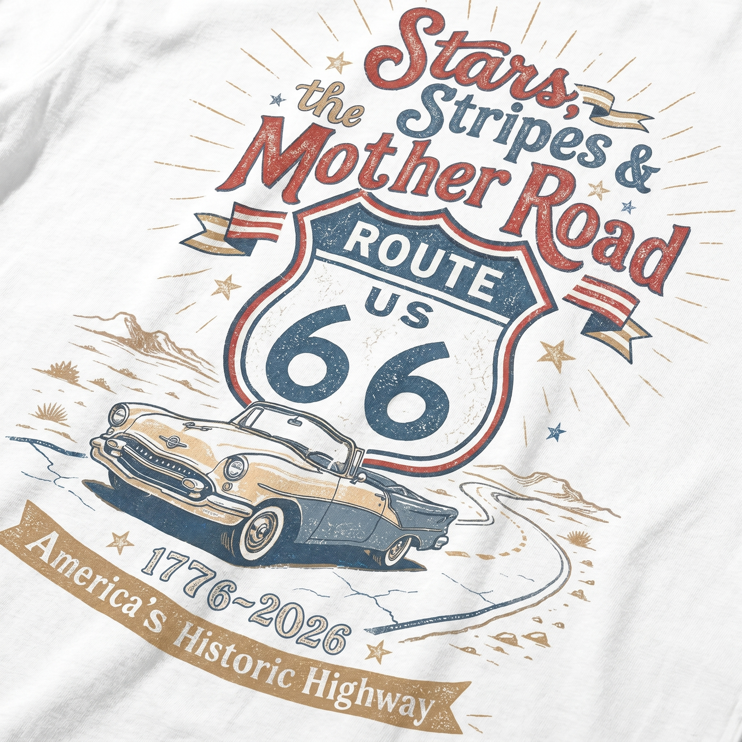 Stars Stripes and the Mother Road Route 66 1776 2026 Patriotic Graphic Tee
