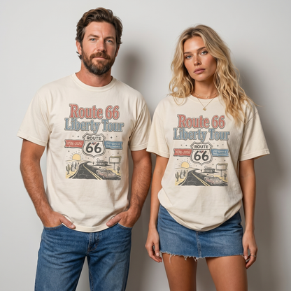 Route 66 Liberty Tour Shirt – America 250 Vintage Road Trip Graphic Tee
