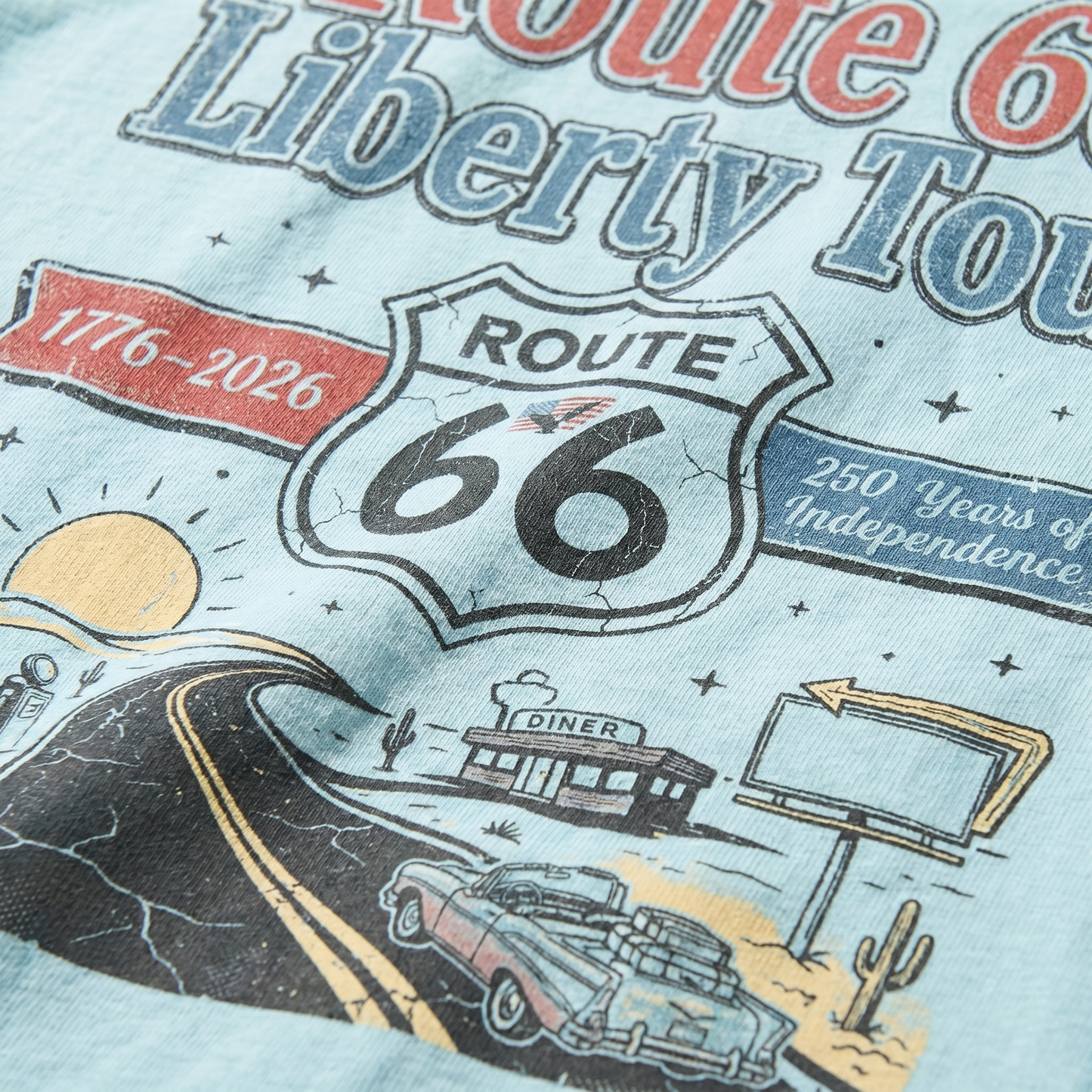 Route 66 Liberty Tour Shirt – America 250 Vintage Road Trip Graphic Tee