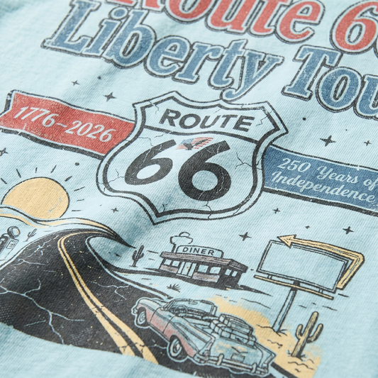Route 66 Liberty Tour Shirt – America 250 Vintage Road Trip Graphic Tee