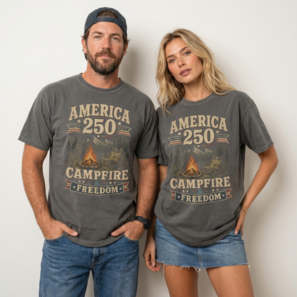 America 250 Campfire & Freedom Graphic Tee - Vintage Camping Patriotic Shirt